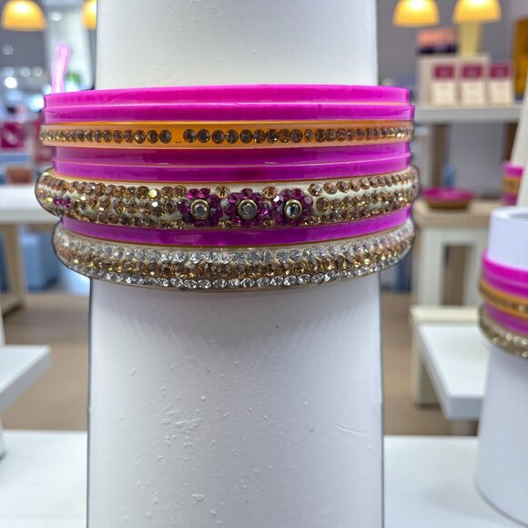 Set Of 8 Rhinestone Bangles Pink Orange Crystal Sparkly Festival Boho Jewelry - Picture 1 of 5